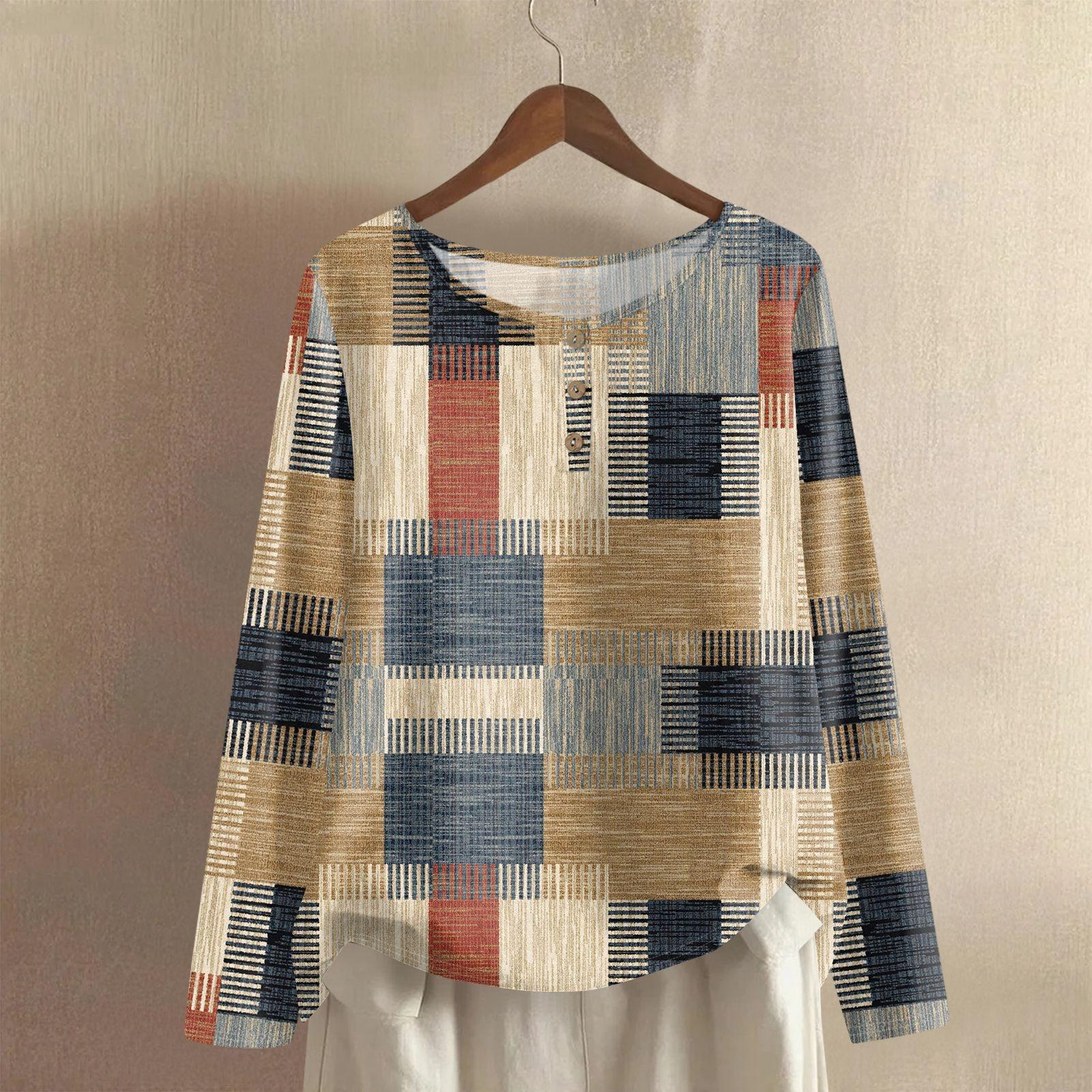 

Women s Fashionable And Casual Shirt Long Sleeve Round Neck Solid-color Cotton And Linen Blouse Top S хакі