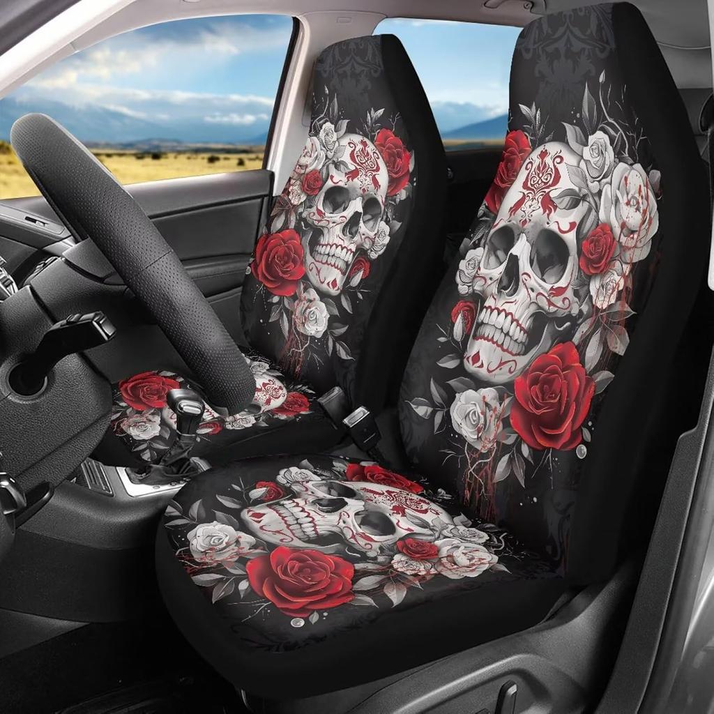 Bulopur Cute Black Gray Skull Set of 2 Car Seat Covers Universal Auto Front Seats Protector Fits for Car,SUV Sedan,Truck