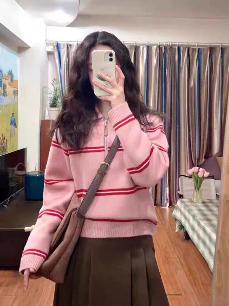 Women's Striped Wool Cashmere Sweater - Thickened Collar, Versatile Loose Knit Base Layer for Autumn & Winter