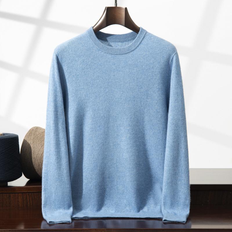 2025 new cashmere shirt men's round neck solid color pullover sweater with knitting inside