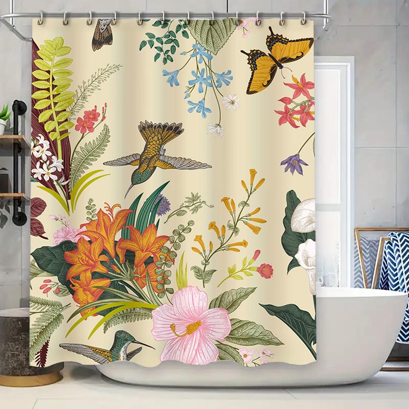 

Vibrant Botanicals Shower Curtain Hummingbird Butterfly Decor For Bathroom 3D Printing Waterproof Fabric Customizable Sizes W60H190(CM)-1 Pcs
