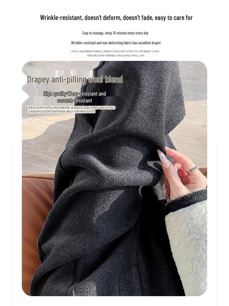 2024 Autumn/Winter Women's Black High-Waisted Woolen Wide-Leg Pants