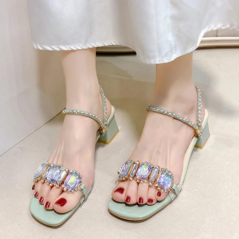 Fashion Fashion Rhinestone Decor Sandals for Women Summer 2025 Square Toe Thick Heel Slippers Woman Korean Transparent Pvc Jelly Slides