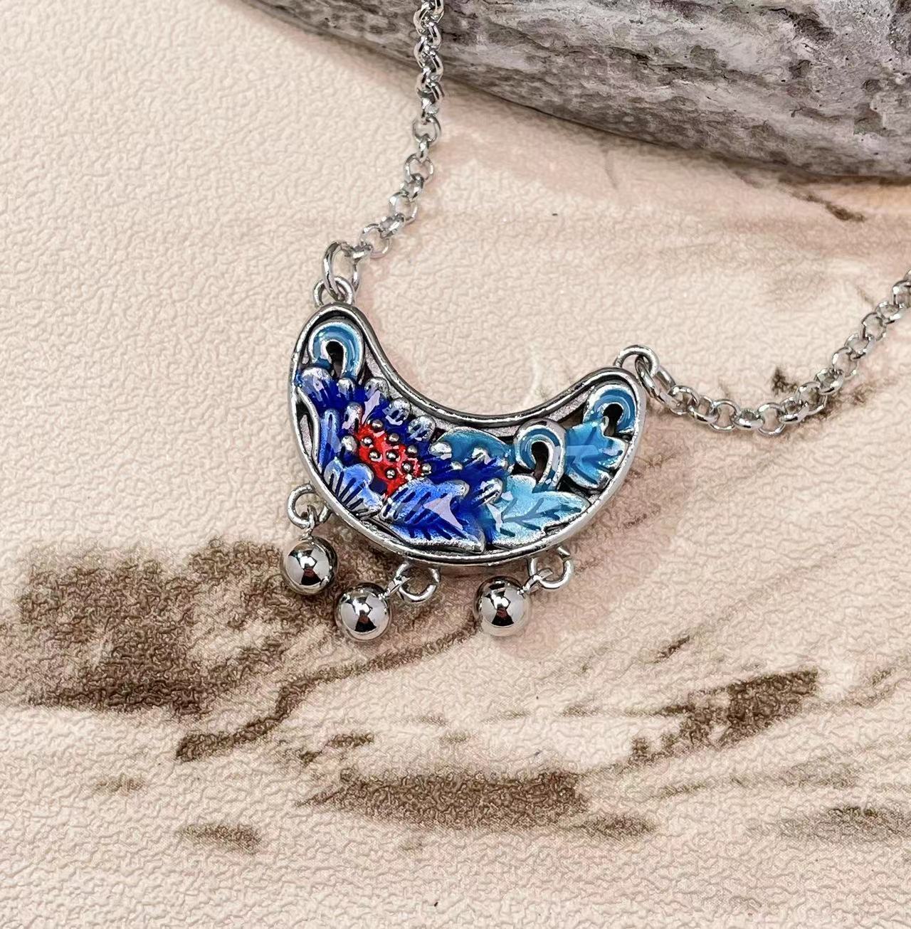 

JMXD-Китайский тренд с эмалевым цветом тайского серебра ретро старый Seiko обожженный синий пион цветок замок кулон