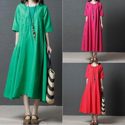New Summer Style of Artistic Loose Embroidered Cotton and Linen Round-neck Five-quarter Sleeve Dress for Mid-length Women