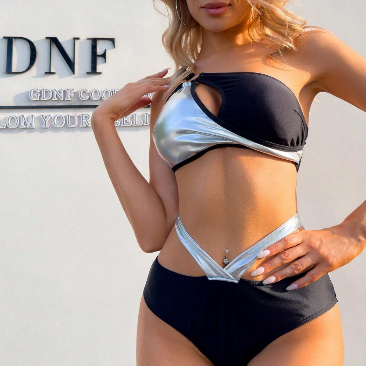 

2025 Serpent Print One-Shoulder High-Waist Bikini Large
