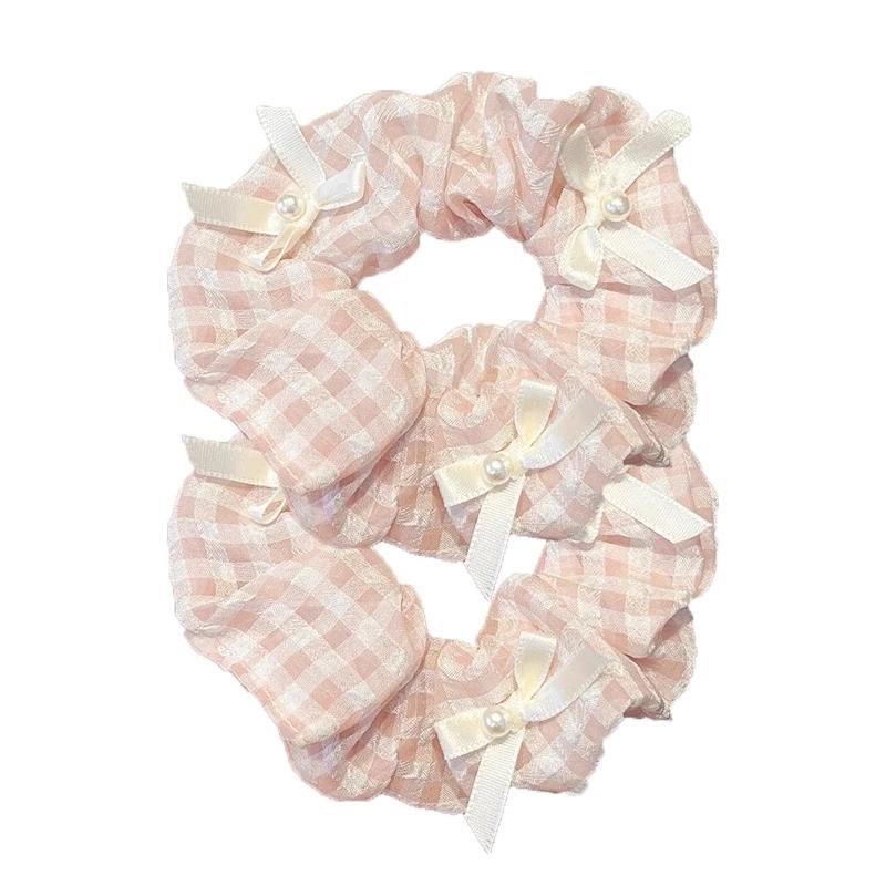 Pink Bow Sweet Satin Checkerboard Bow Hair Tie Women Ponytail Cute Hair Ring Fashion Hair Accessories