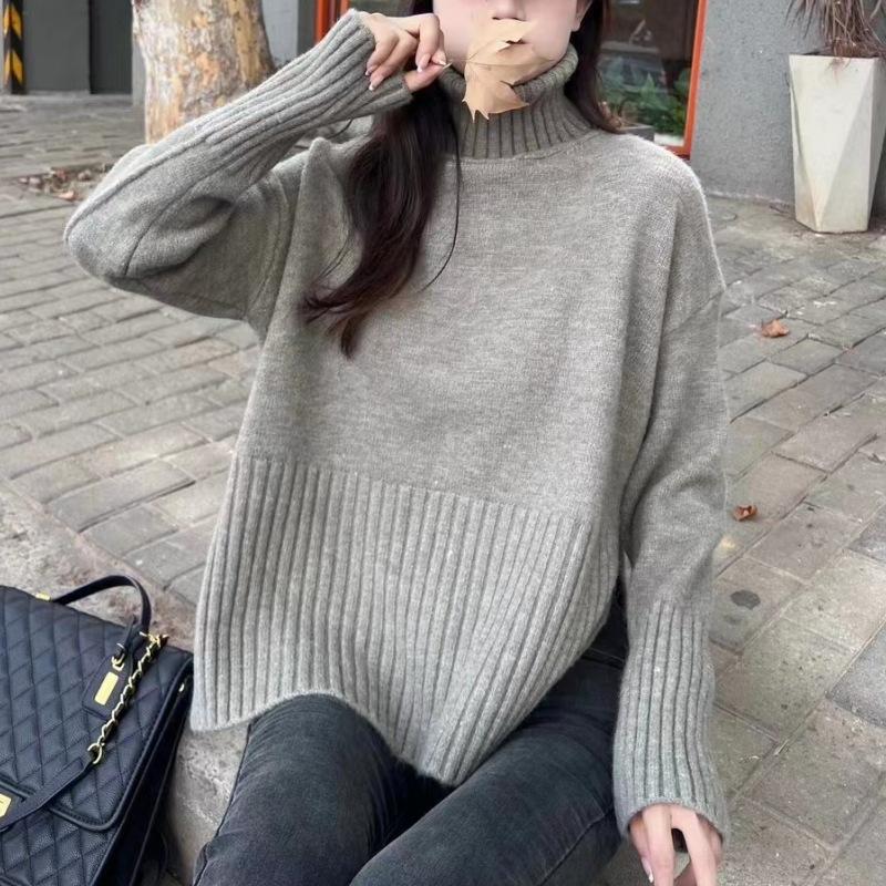 Осенне-зимняя мода новый женский свитер с высоким воротом и длинными рукавами свободный вязаный топ в стиле вестерн для женщин One size серый 3139₽