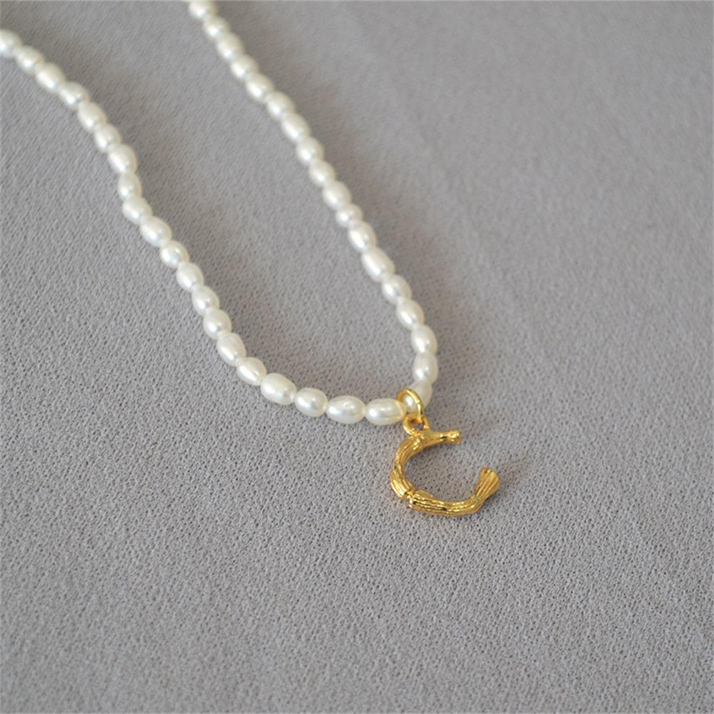 French Vintage Oval Artificial Pearl Chain Necklace For Women Fashion Boho Gold-plate Metal Tree Texture Letter Pendant Jewelry