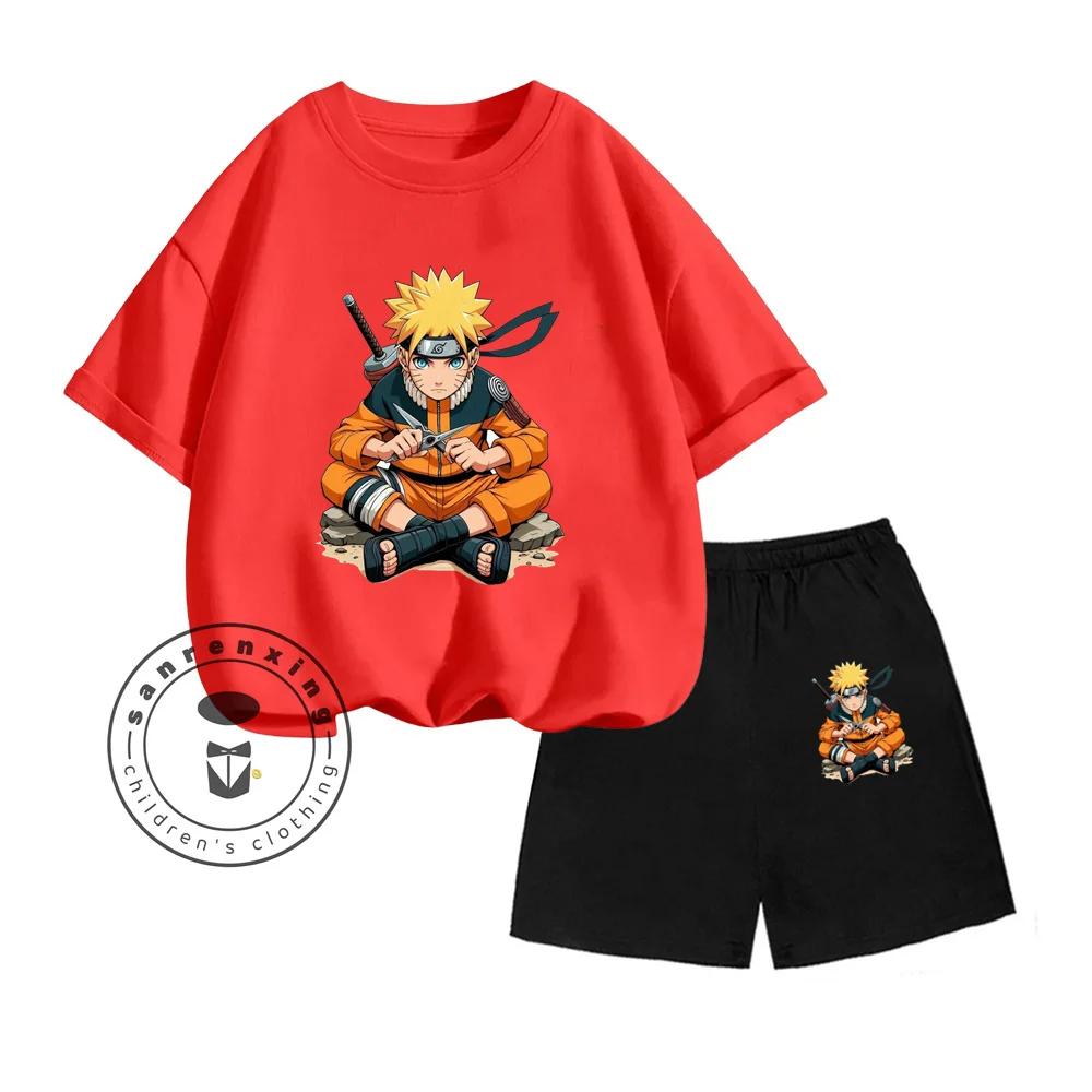 Unique NARUTO Animated Cartoon Character Vertical Print Design O-neck Skin-friendly Short Sleeve and Shorts Kids Two-piece Set
