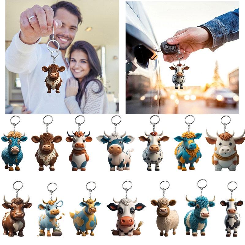 Cow Keychain Cartoon Acrylic Car Keyring Bull Backpacks Pendant Gifts Novelty