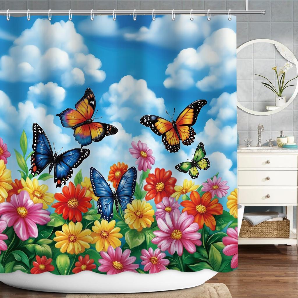 Floral Shower Curtains for Bathroom, Spring Flower Butterfly Bathroom Decor with Hooks, Washable Polyester Fabric Shower Curtain