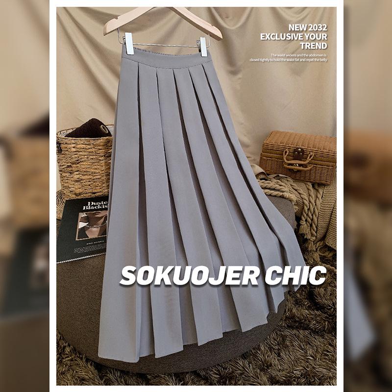 Högkvalitativ medellång plisserad A-linjeformad kjol med resår i midjan för kvinnor - Mångsidig höst/vinterstil