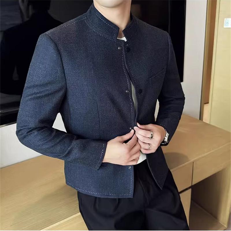 Autumn Winter Chinese Style Blazer Men Fashion Stand Collar  Slim Fit Suit Jacket