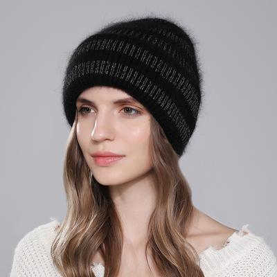 Women's Hat Angora Wool Winter Rabbit Fur Knitted Warm Beanie Fashion Double Layer Fold Silver Wire Casual For Hats Thick