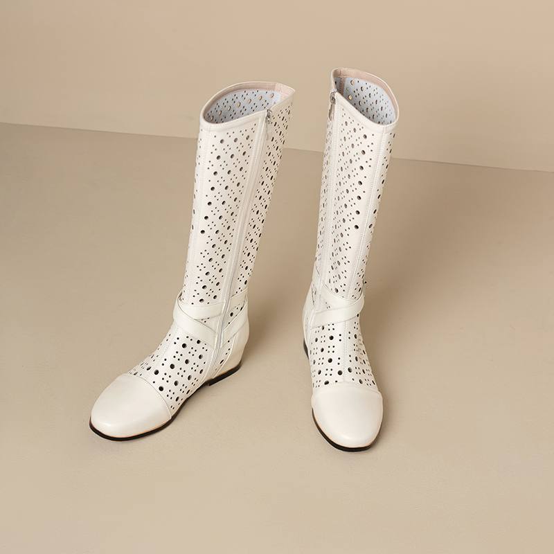 Krazing Pot Rindsspaltleder Runde Zehe Größe 43 Sommerstiefel Mode Ritterstiefel Hohle Verzierungen Herbststiefel Oberschenkelhohe Stiefel