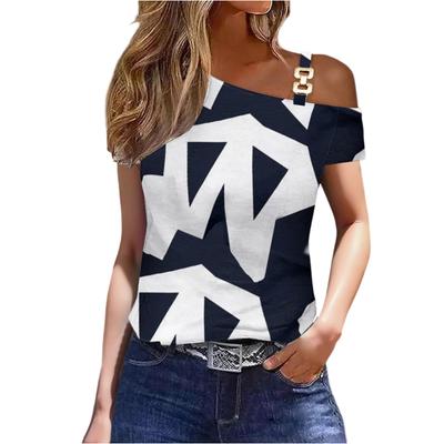 T Shirts For Women Pleated Round Neck Dressy Casual Blouses Printing Short Sleeve Summer Tops Loose Fit