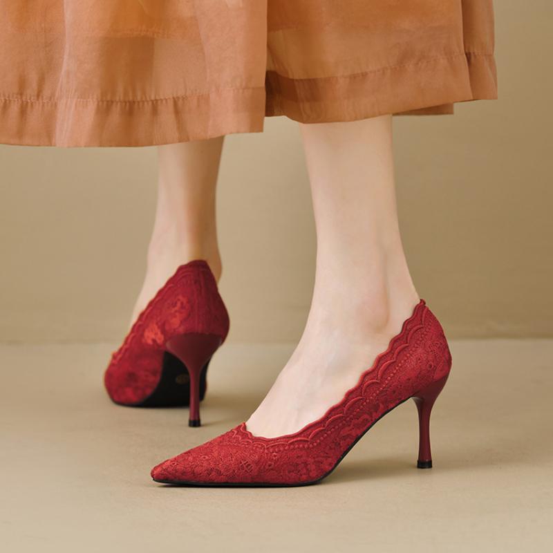 Bestickte Brautschuhe Hochzeitsschuhe Retro Französische Sandalen Hohe Absätze Einzelne Schuhe Dünne Absätze Bankett Spitzpumps 34-39