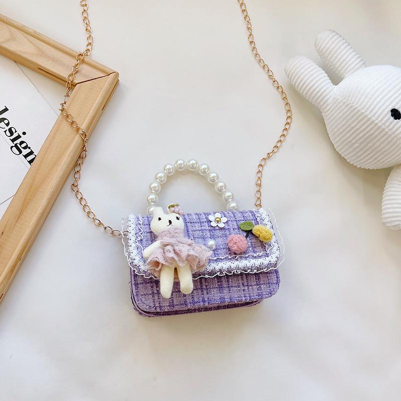 

Childrens Cartoon Bunny Canvas Tote Bag With Pearl Handle For School And Casual Use White Rabbit Purple