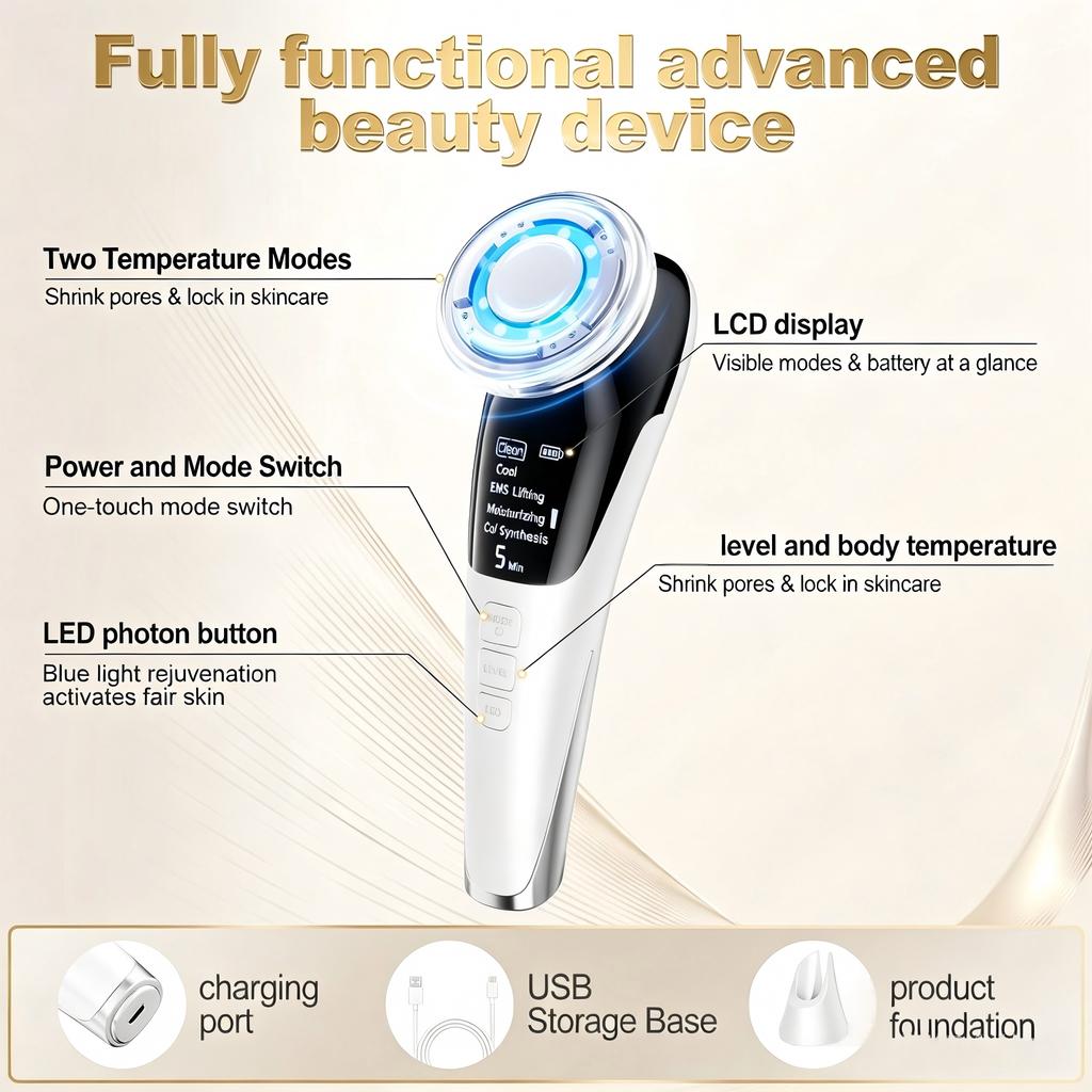 Micro-Current Facial Beauty Device Red Blue Light Facial Massager Instrument with Cooling Skin Tightening Firming Skin Care Tool