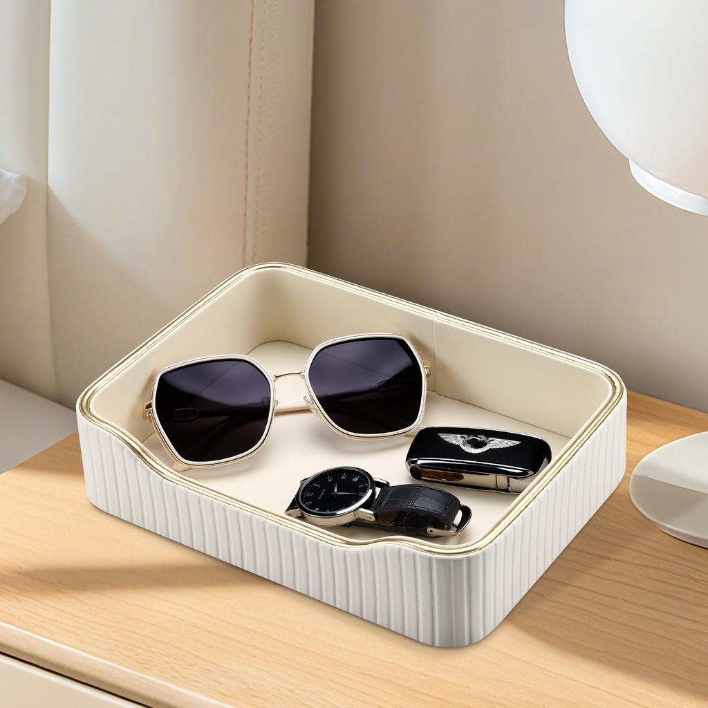 1PC Italian Light Luxury Small Tray, Concave Vertical Striped Leather Desktop Decorative Storage Tray