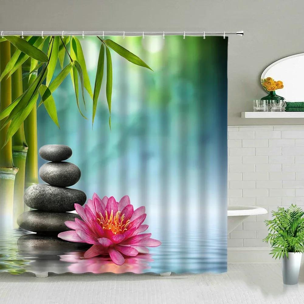 Landscape Flowers Plants Shower Curtains Bamboo Zen Stone Lotus Flower Bath Curtain 3D Printing Waterproof Home Bathroom Decor