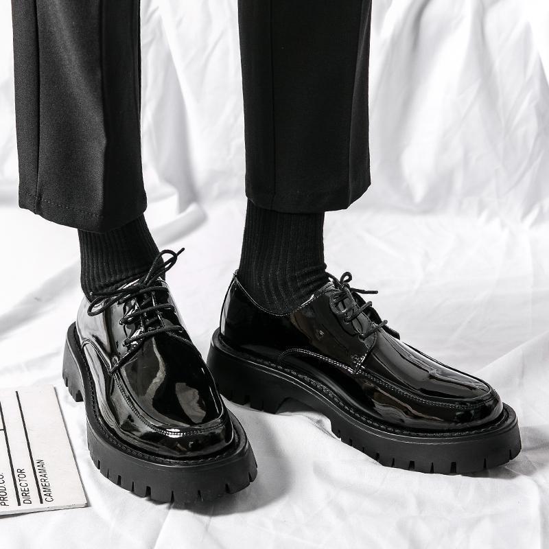2025 Men's Chunky Glossy Leather Lace-up Casual Shoes with Thick Sole & Square Heel