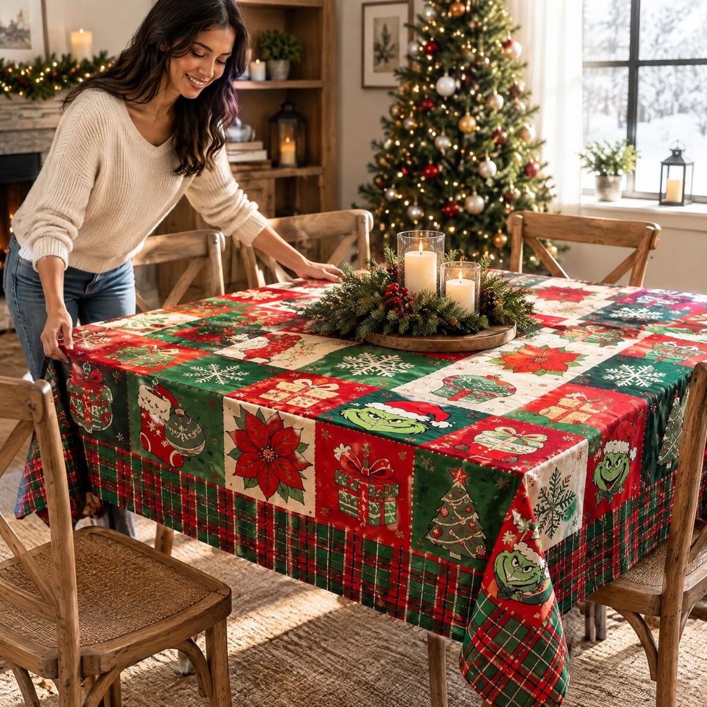 Christmas Tablecloth with Cute Pattern Print, Festive Holiday Party Decoration Table Cover
