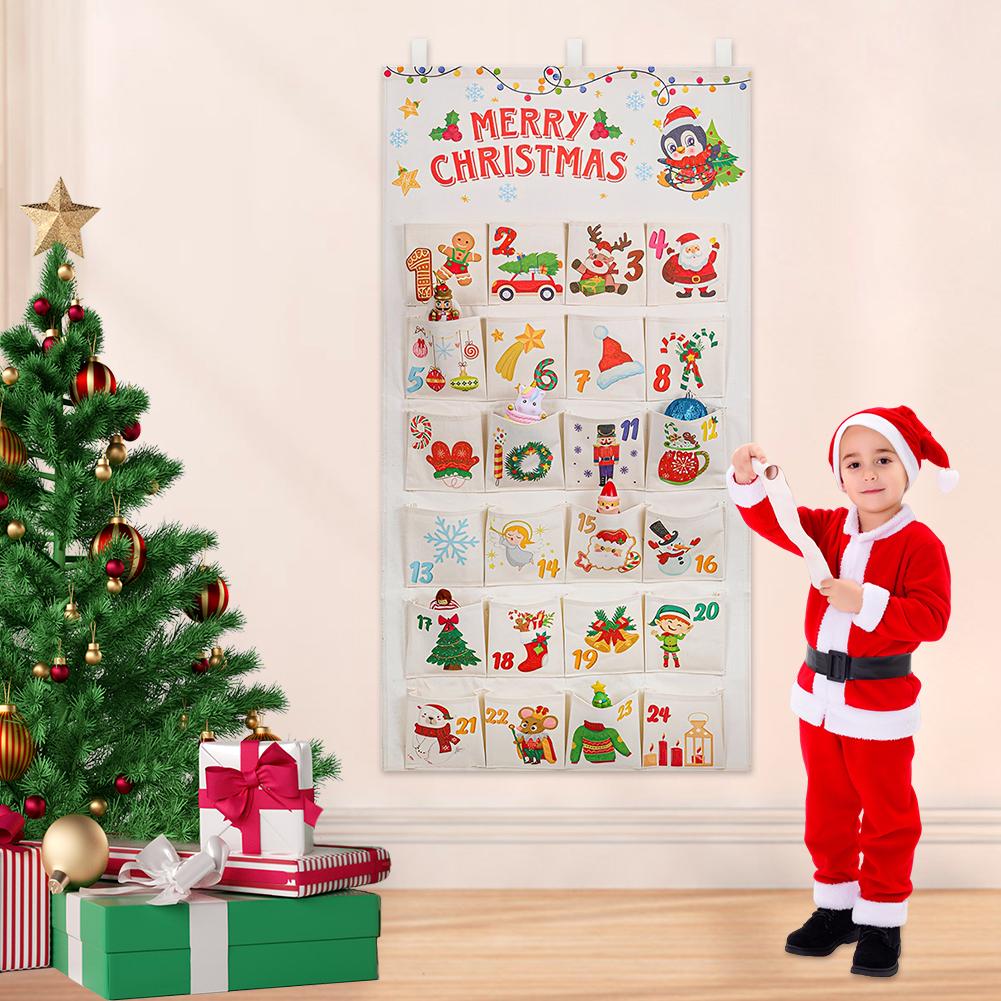Stoff Weihnachts-Adventskalender Weihnachts-Wanddekoration Wiederverwendbare Wandbehang-Ornamente mit 24 Taschen für Feiertags-Heimdekor
