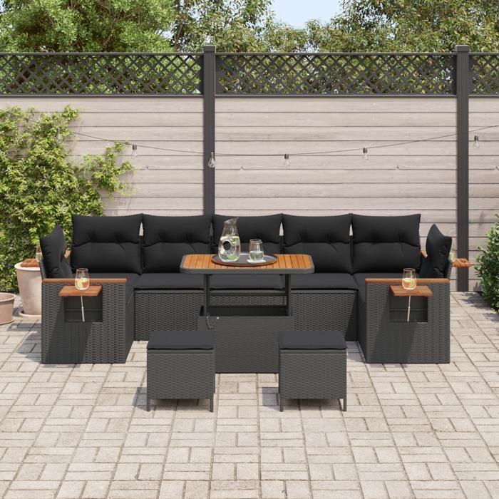 Ensemble de sofa de jardin 10 pièces vidaXL avec coussins en poly rattan noir acacia, Ensemble de salle à manger de jardin 3 3363159