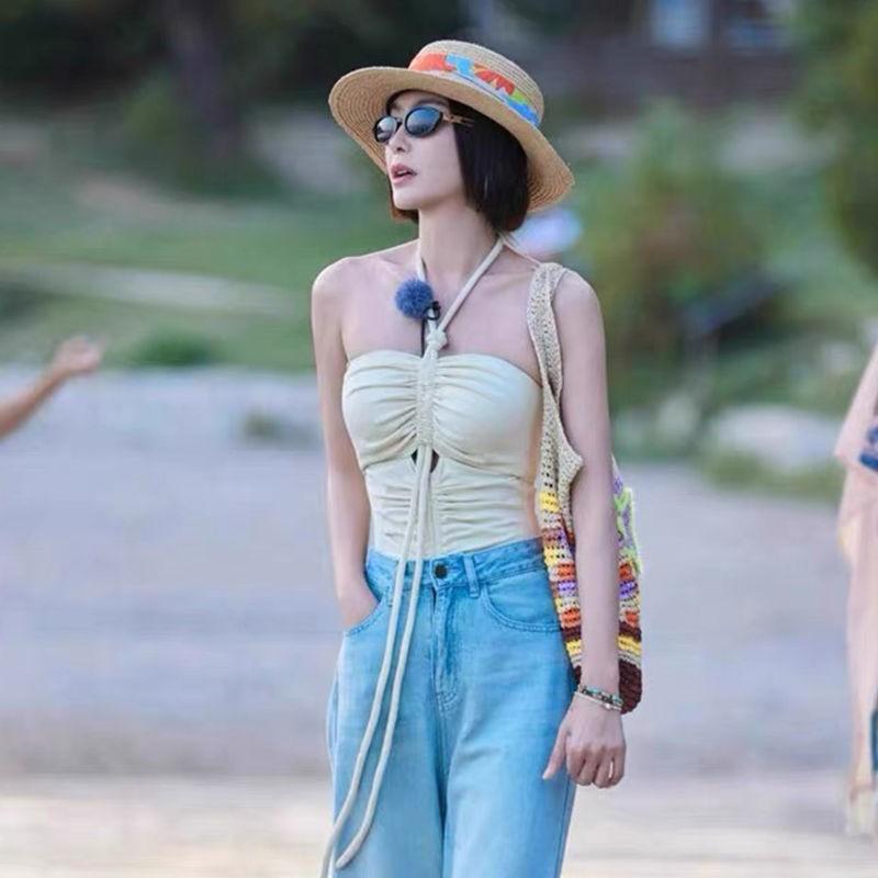 

Flower and juvenile Qin Lan, the same beige pleated lace-up neck vest sling slim fit pure desire Spice Girl swimsuit M