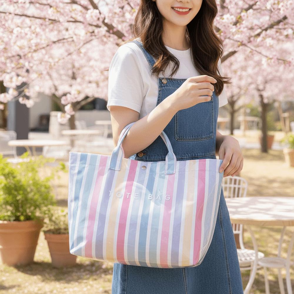 Stripe PVC Striped Tote Bag Letter Print Letter Prints Handbags Grocery Handbag