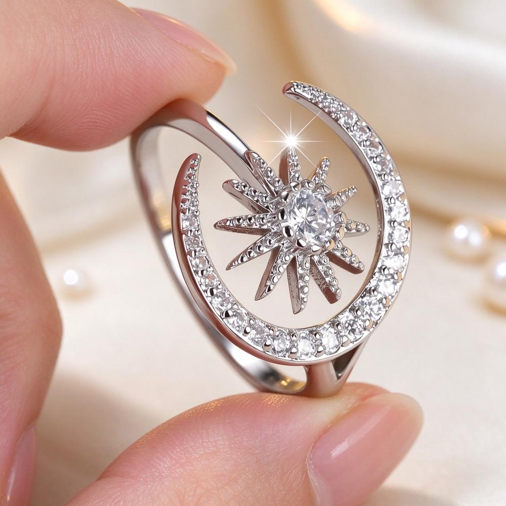 Elegant Silver Color Gold Color Moon Star Zircon Adjustable Band Open Ring for Women Party Wedding Jewelry Gift