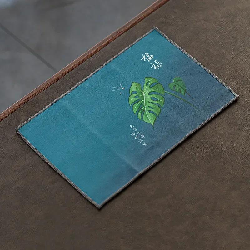 Chinese Painted Flower Pattern Thickened Tea Towel Plush Imitation Deerskin Absorbent Water Rag Tea Napkins Cloth Tea Ceremony