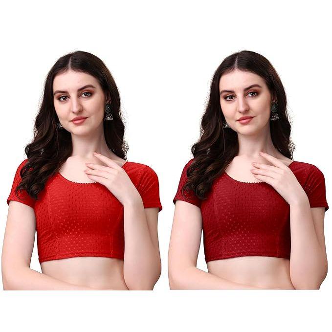 Women’s Cotton Saree Blouse Combo | Ready-to-Wear Round Neck Stitched Blouses | Soft Dobby Stretch Fabric | Party, Festive