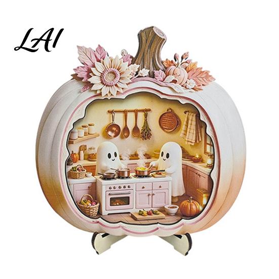 Indoor Fall Tabletop Centerpiece Halloween Ghost Pumpkin Wooden Plaque 2D Flat Sign Gift for Lovers Spooky Bathing Reading Ornament Home Office