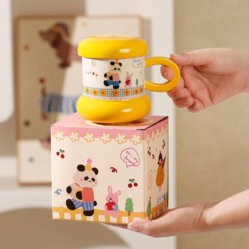 New Mug Cute Household Children's Drinking Cup with Lid Cartoon Underglaze Ceramic Milk Cup Breakfast Cup