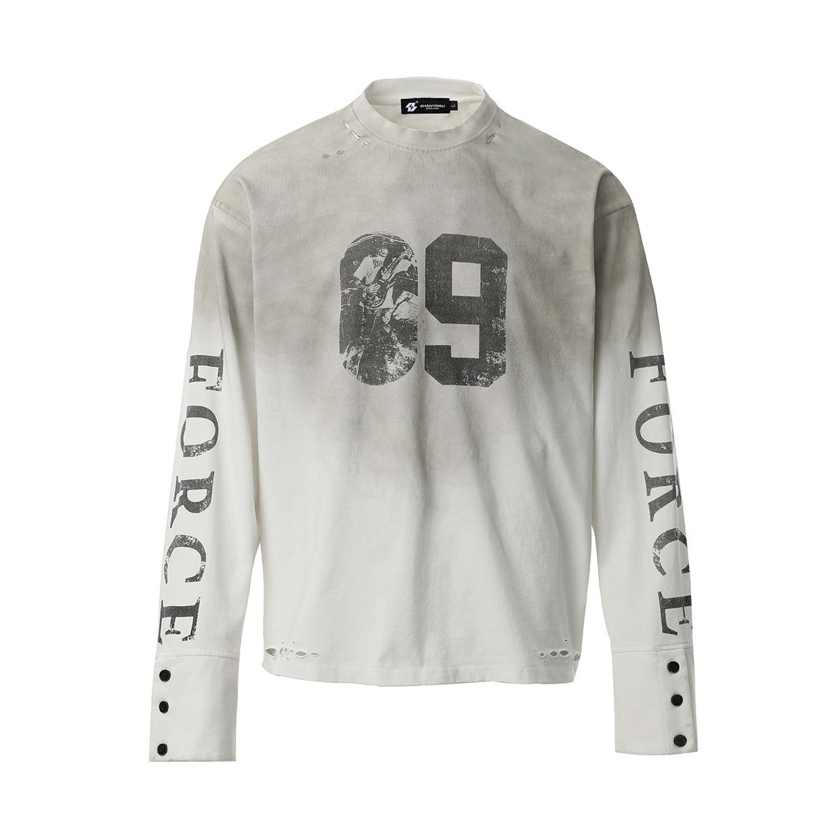 Men s high street wasteland style American jersey retro trendy tee graffiti printing long-sleeved T-shirt men s S