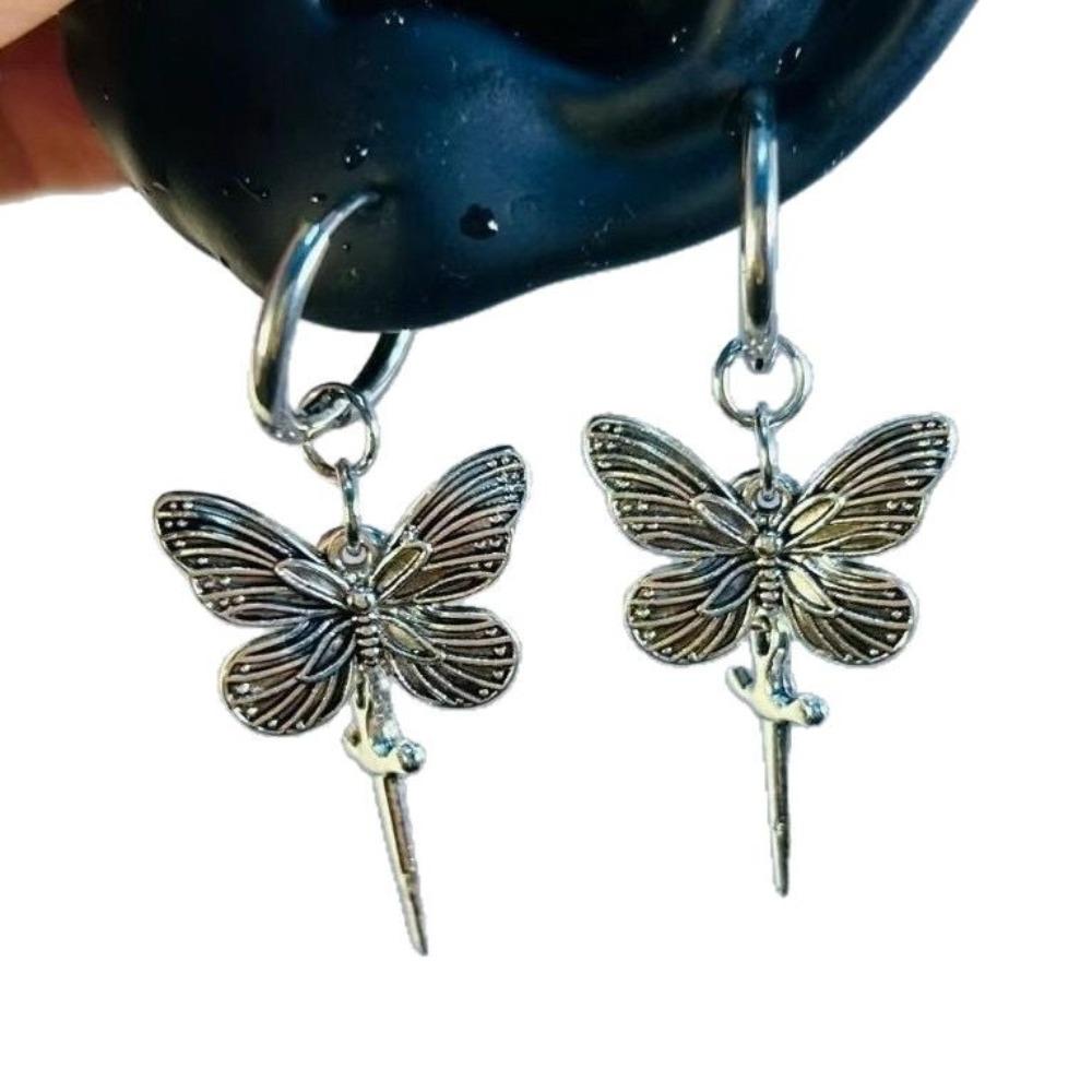 Gothic Temperament Ancient Silver Butterfly Short Sword Pendant Hoop Earrings for Women Retro Halloween Party Jewelry Accessory