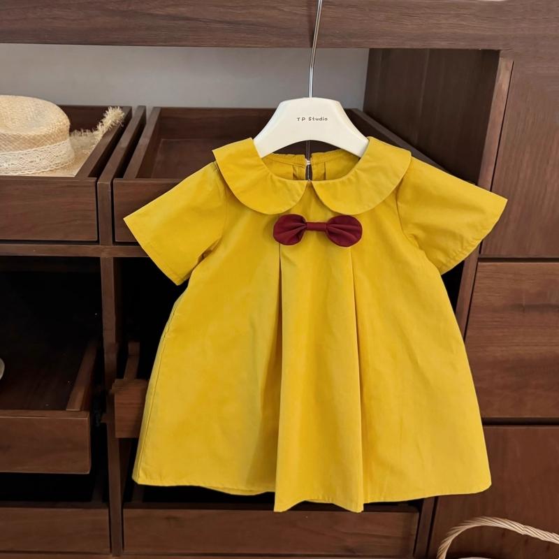 Summer Girls Casual Dresses Short Sleeved Dress with Baby Bow Collar Girls Dress Kids Dresses for Girls Kids Clothes 80