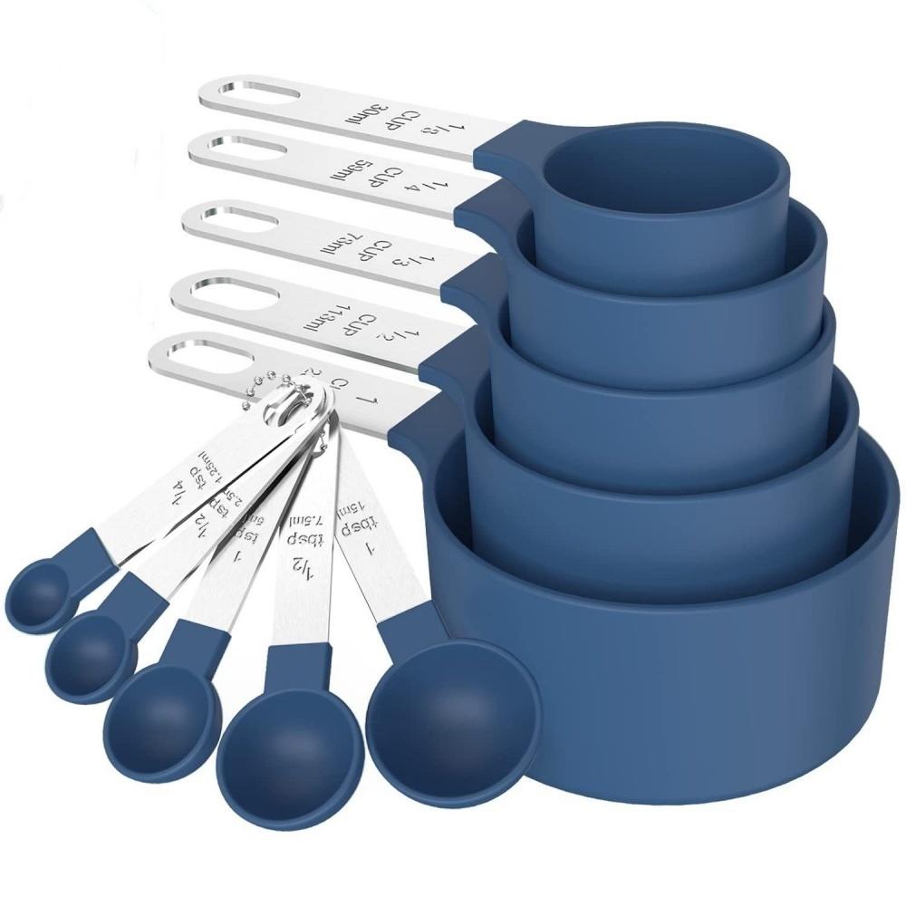 10 Pcs Measuring Cups and Spoons Set, Stainless Steel Handle Stackable Measuring Spoon Set, Measuring Cups for Dry and Measuring синий