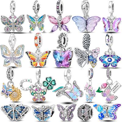 925 Silver Butterfly Series Charms Zirconium Round Charm Bead Dangle Fit Original Bangle Bracelet Necklace DIY Jewelry