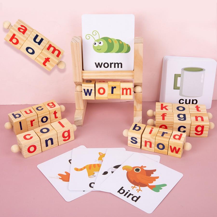 Children's Educational Toys Enlightenment Early Education Wooden Rotating Alphabet Spelling Building Blocks Cognitive Alphabet Memory Rack