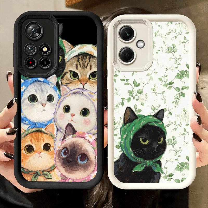 Cute Floral Headscarf Kitten Soft Phone Case for Xiaomi Poco X7 X6 X5 Pro X4 Gt X3 F7 Ultra M8 M7 Redmi 15C 15 14C 13 13C 12 12C
