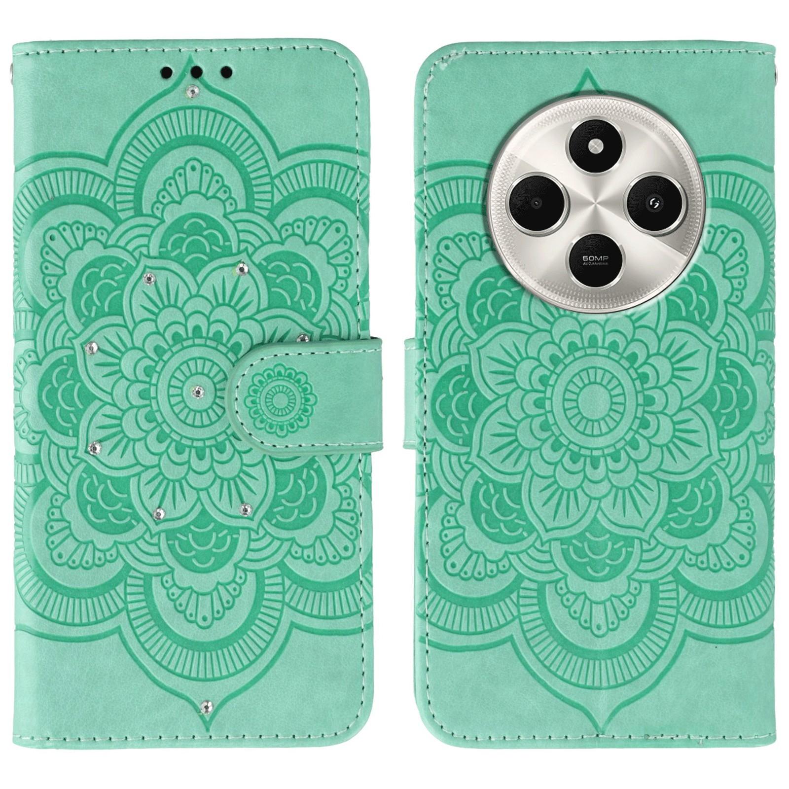 

Phone Case For Xiaomi Redmi 14C 4G/5G/14R 5G/A3 Pro 4G/A4 5G/Poco C75 4G/M7 5G,Rhinestone Decor Leather Mandala Imprinted Cover Green