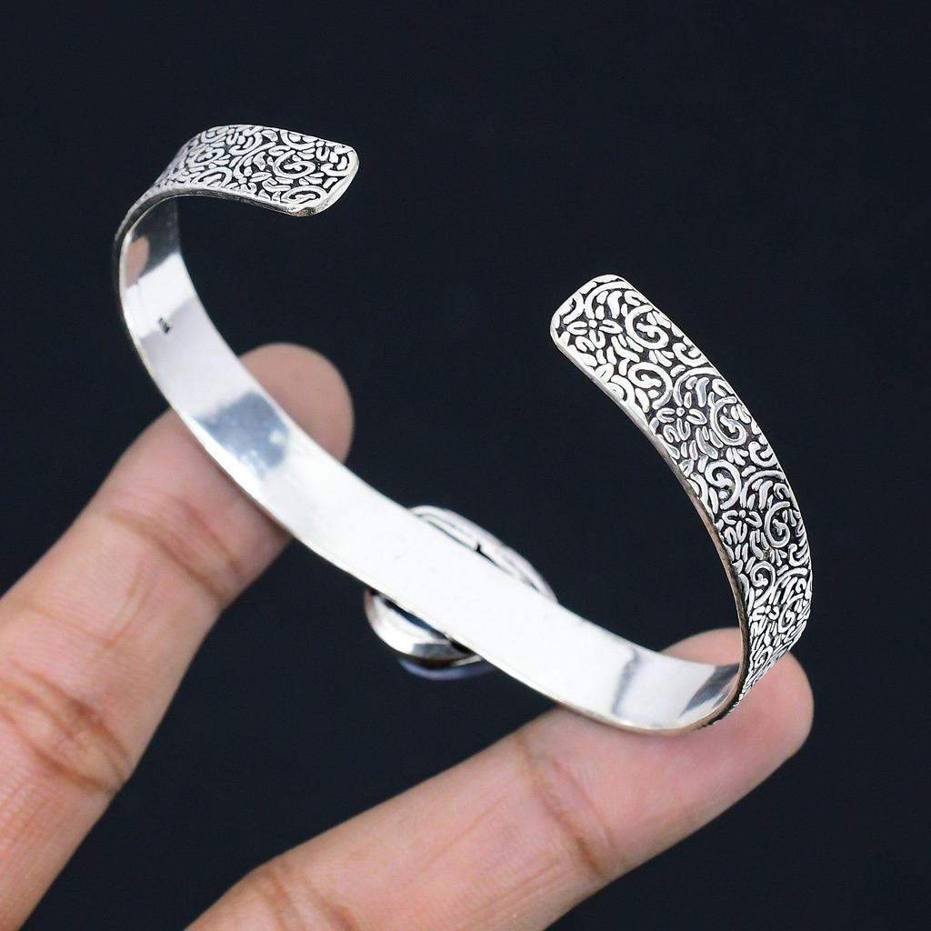 Natural Blue Lace Agate Gemstone Bangle Adjustable 925 Sterling Silver Jewelry
