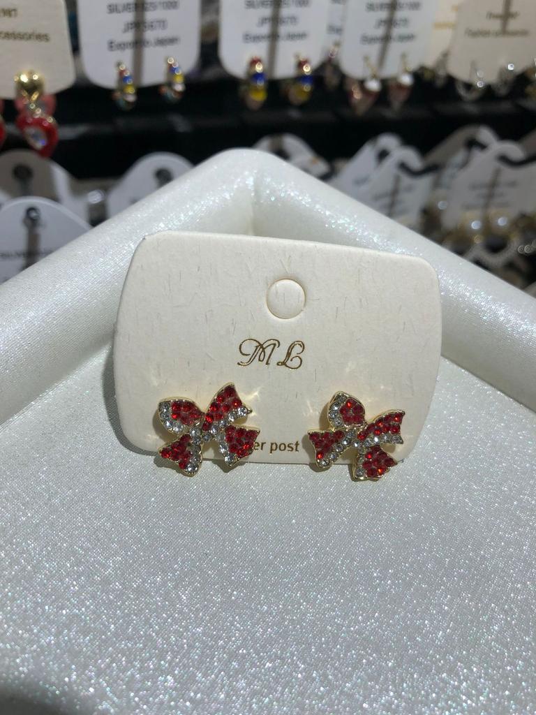 New Style Temperament Red Color Christmas Bow Stud Earrings for Women Rhinestone Bowknot Red Ball Earring Girls Party Jewelry