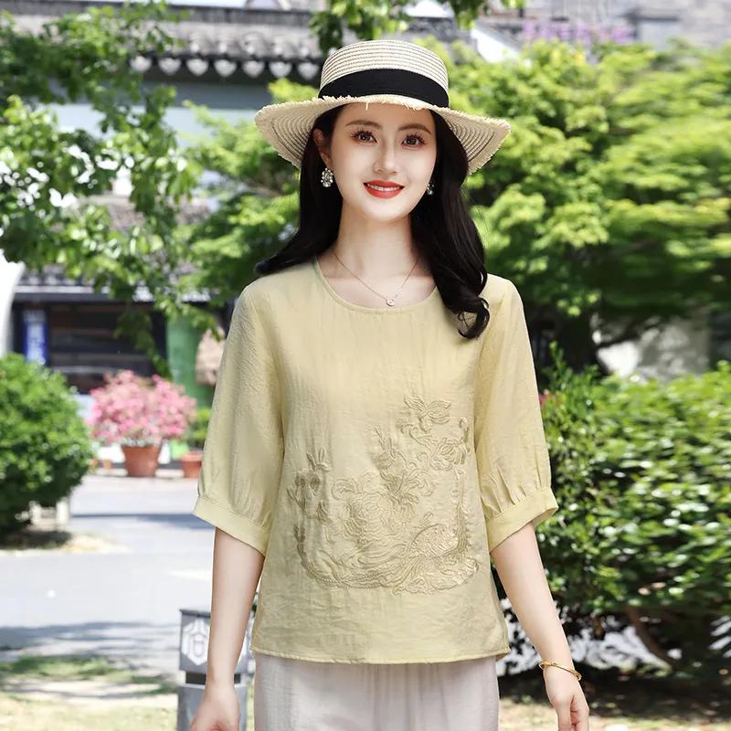 Women Casual Loose Pink Shirt Floral Embroidery Half Sleeve Blouse