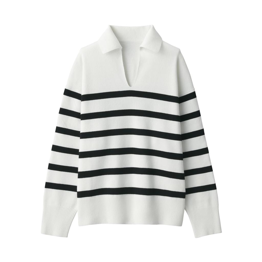 MUJI Washable Milan Rib Knit Skipper Polo White Size BA1OOA4S Women's Sweater, Striped, XS,