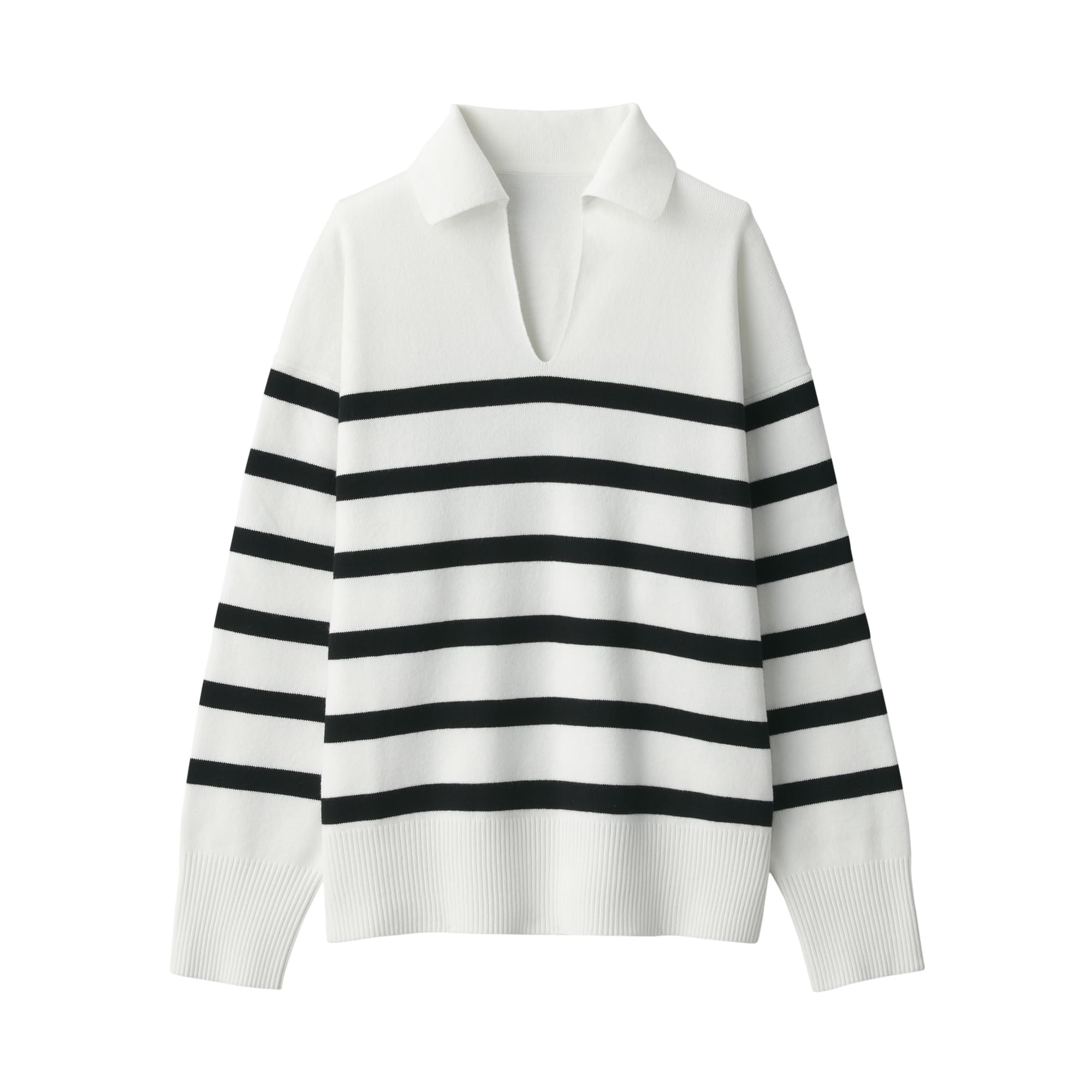 MUJI Washable Milan Rib Knit Skipper Polo White Size BA1OOA4S Women s Sweater, Striped, XS,